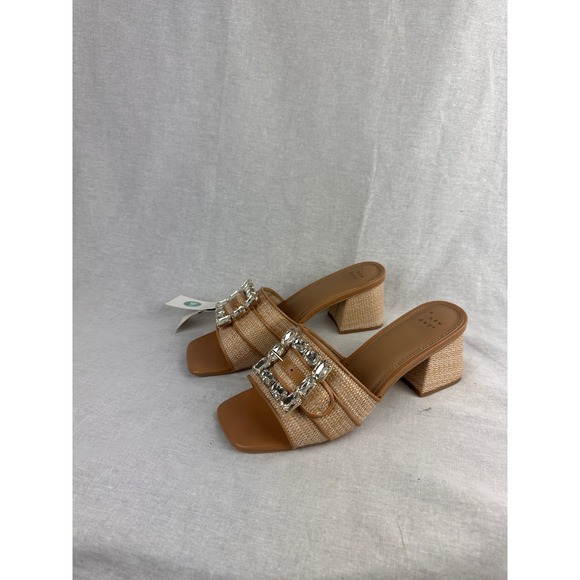a new day Shoes - A New Day Womens Tan Raffia Crystal Buckle Block Heel Mules Sandals Size 9.5 NEW